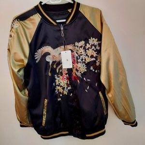 Embroidered Phoenix Satin Bomber Style Jacket, size L